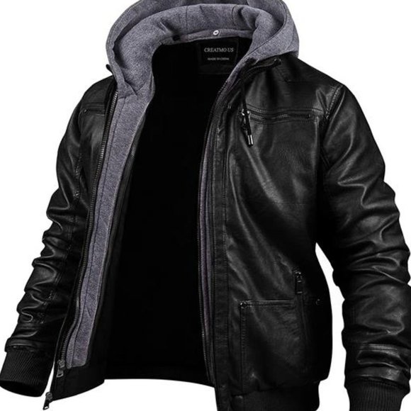 Men's Biker Jacket Bomber Hoodie with Removable Hood